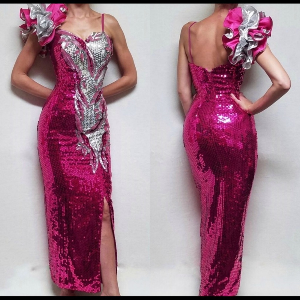 Vintage Alyce Pink Sequin Feather Formal Dress